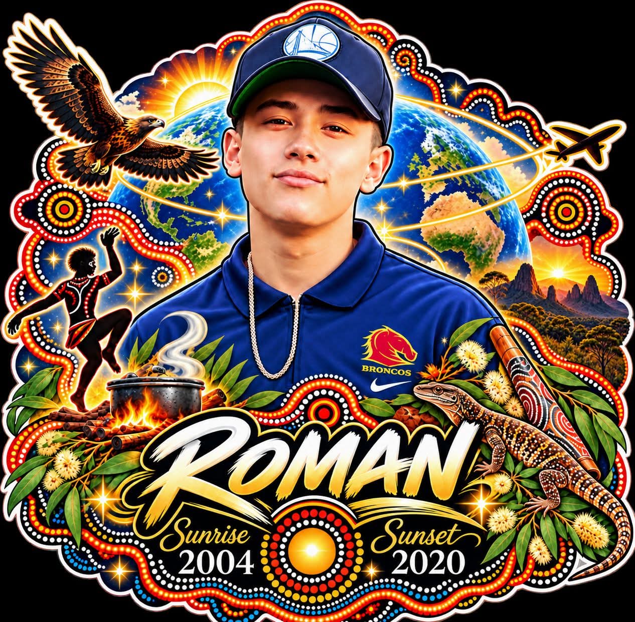 Roman's memorial sticker artwork with dot art, globe, eagle and goanna